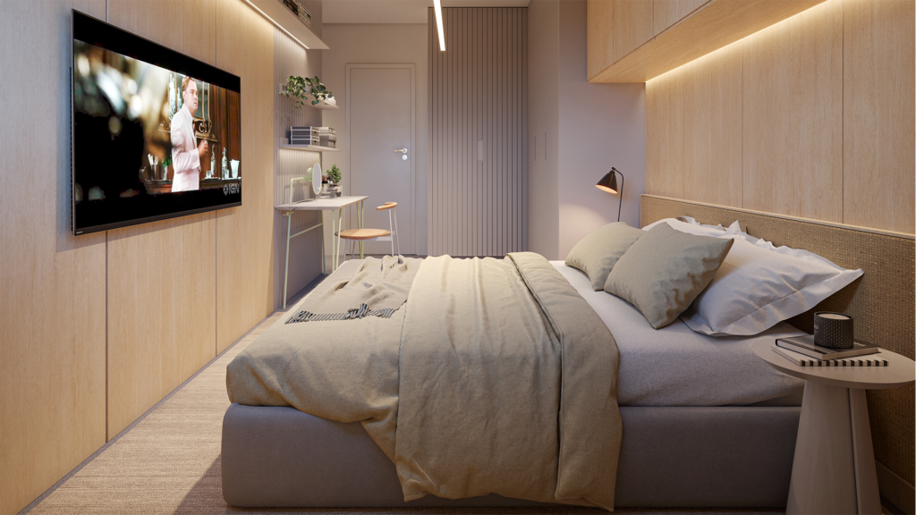 Quarto do apartamento tipo 1, novo empreendimento de Botucatu-SP.