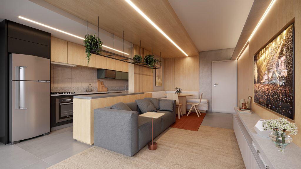 Sala do apartamento tipo 1, novo empreendimento de Botucatu-SP.